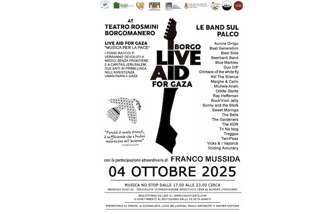 "Borgo Live Aid for Gaza", appuntamento il 4 ottobre al Teatro Rosmini