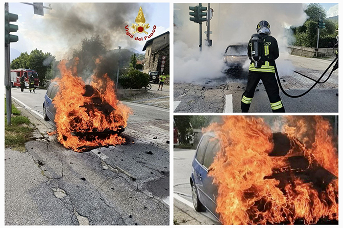 Improvviso incendio di un'autovettura, salvo il guidatore